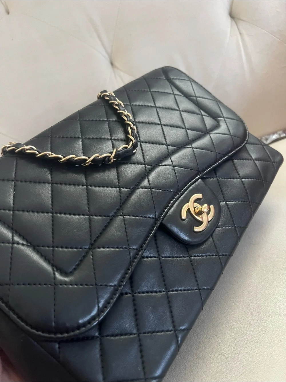 Chanel Quilted Lambskin Mademoiselle Chic Flap Jumbo Size Black Gold hardware